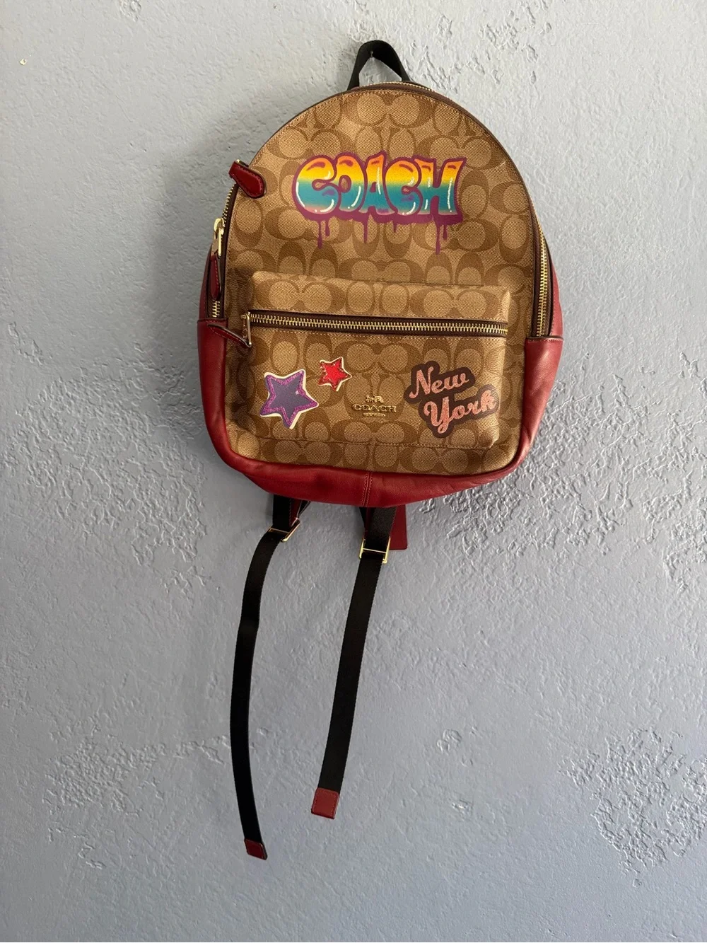 NWOT! COACH Signature Canvas & Red Leather Graffiti & Patches West Backpack!